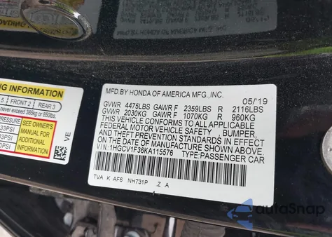 2019 Honda Accord Sport from USA, damaged, VIN 1HGCV1F36KA115576